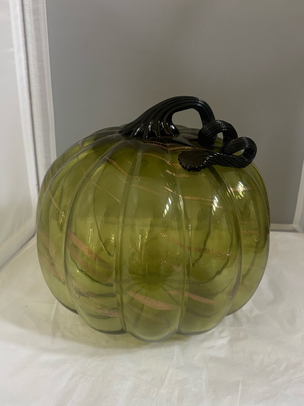 Green blown Glass Pumpkin Decorative Sculpture shimmer Autumn Fall Thanksgiving